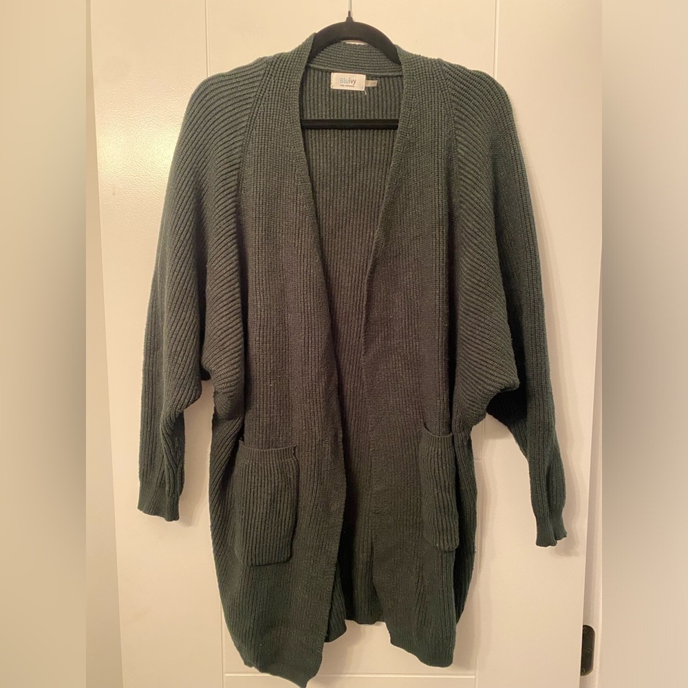 BLUIVY- Hunter Green Open Front Batwing Sleeve Cardigan